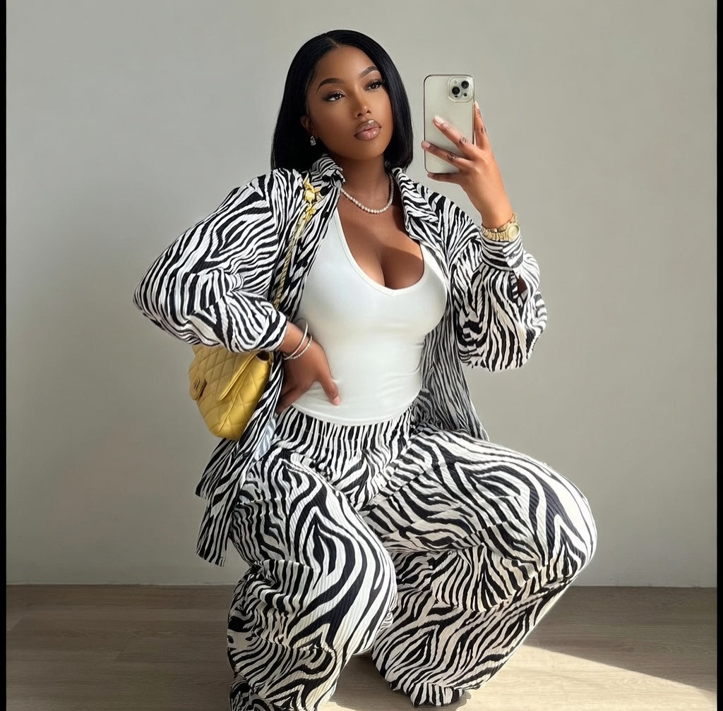 Verano Muse™ Pleated Zebra Print Long Sleeve Shirt With Wide-leg Pants