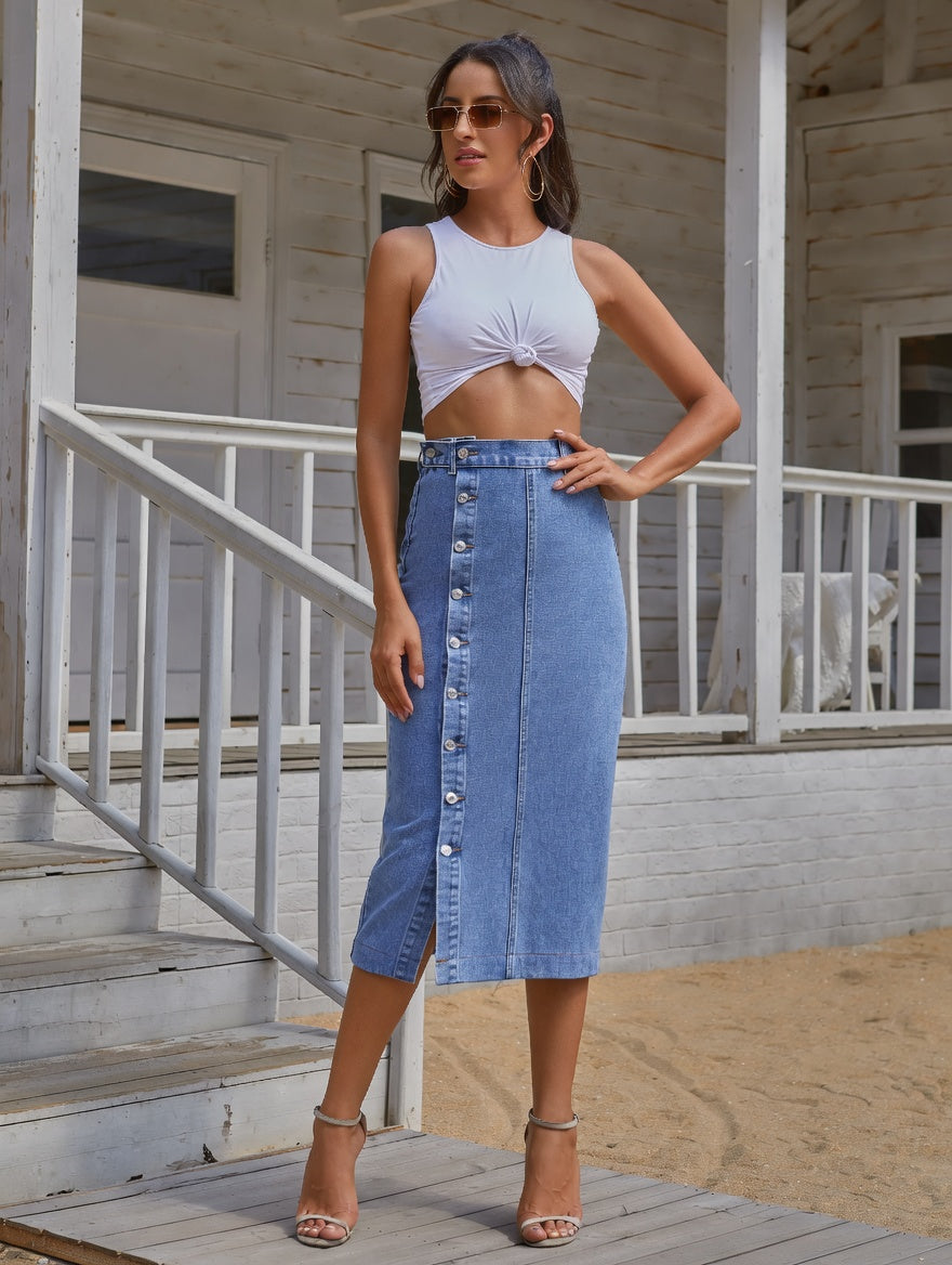 Button Irregular Slit denim High Waist Skirt