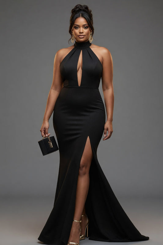 Robe de soirée sirène noire en satin à licou avec découpe en trou de serrure et fente