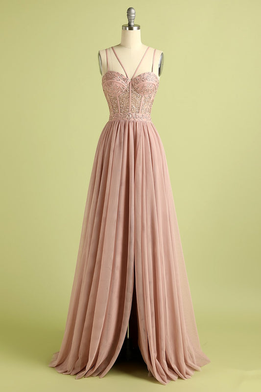 Pink Split Front Spaghetti Strap Prom Dress