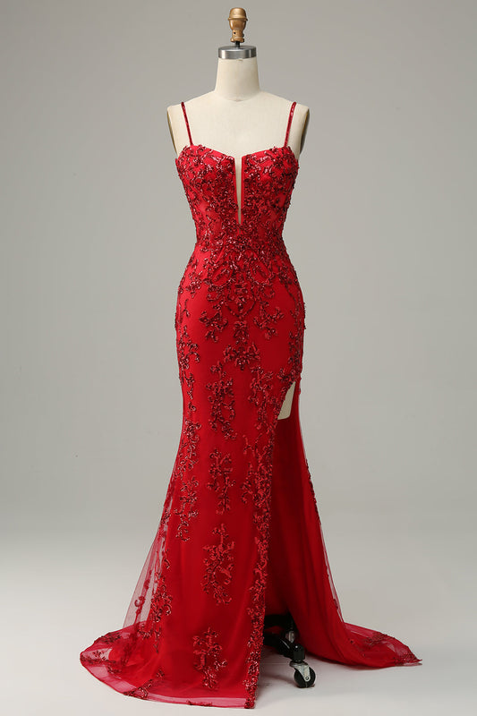 Mermaid Spaghetti Straps Red Sequins Long Prom Dress with Slit