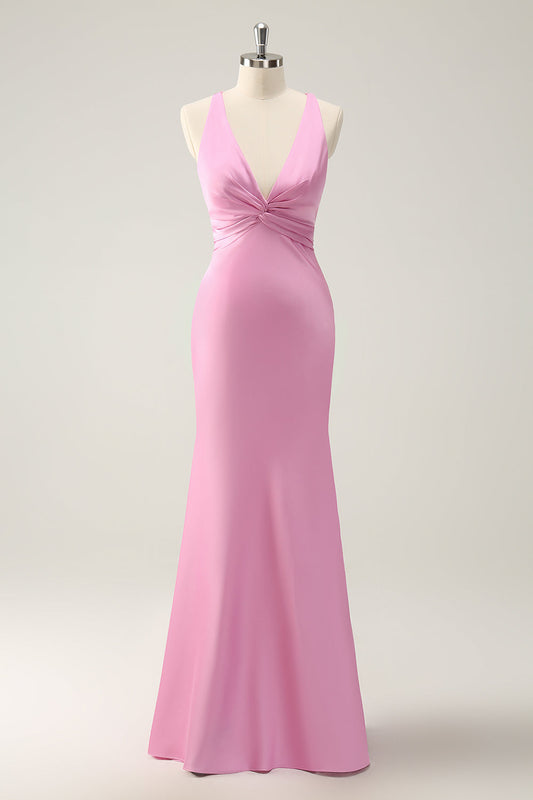 Pink Mermaid V-Neck Satin Long Bridesmaid Dress