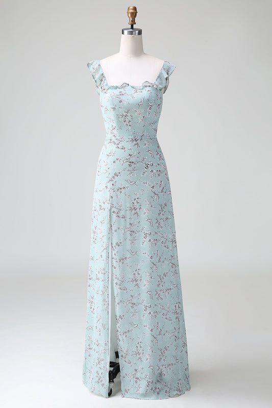 Grey-Green Sheath Floral Print Long Bridesmaid Dress with Slit