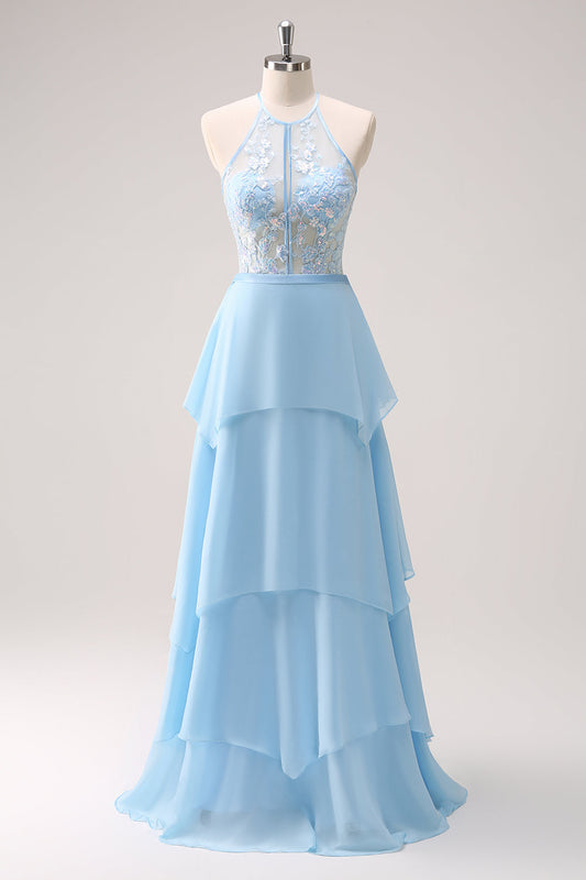 Sparkly Blue Halter Floral Long Bridesmaid Dress with Lace-Up Back