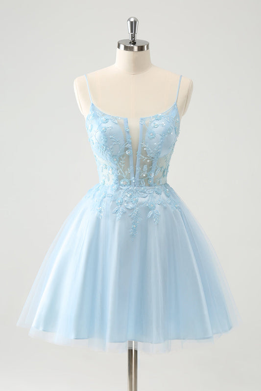 Cute Glitter Blue A-Line Beaded Corset Tulle Homecoming Dress with Appliques
