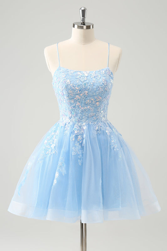 Cute Glitter Blue A-Line Sequined Short Homecoming Dress with Appliques