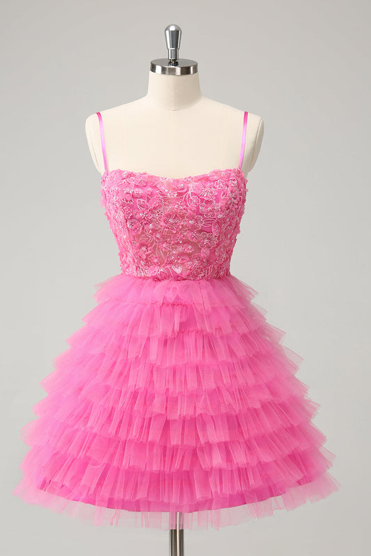 Glitter Pink A-Line Spaghetti Straps Tiered Flowers Tulle Cute Homecoming Dress