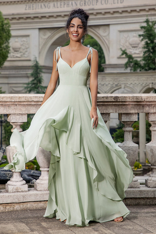 Matcha A-Line Spaghetti Straps Long Bridesmaid Dress with Ruffles