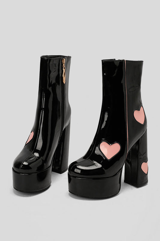 Botas de Plataforma con Tacón Ancho y Corazones de Cuero PU