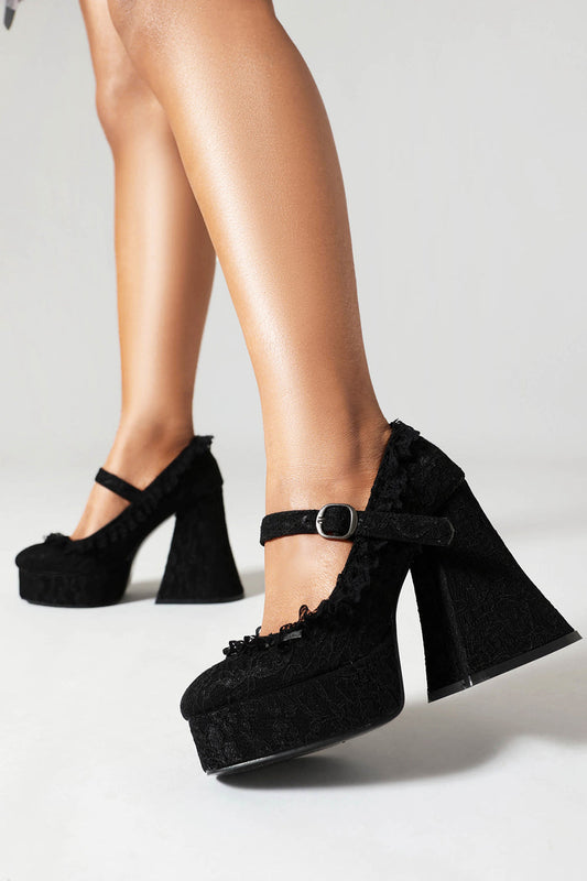 Zapatos Negros de Plataforma con Tacón Ancho y Punta Cerrada
