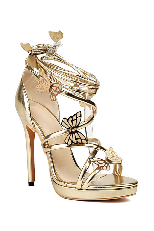 Women's Golden Metallic Strappy Stiletto Heel Sandals with Butterfly