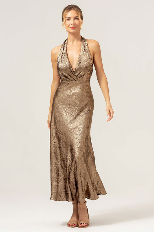 Robe de demoiselle d'honneur longue sous le genou sirène dorée dos nu à col licou