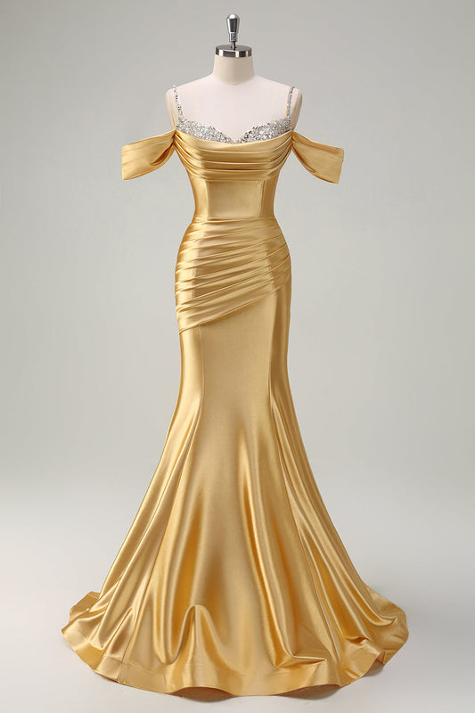 Robe de bal longue en satin froncé à paillettes épaules dénudées sirène dorée scintillante