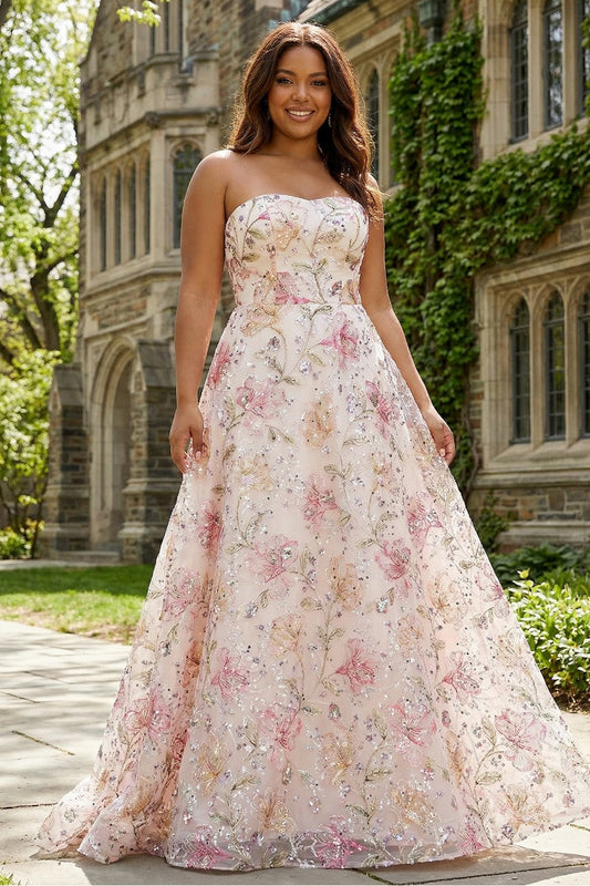 Sparkly Pink A-Line Strapless Plus Size Sequin Floral Long Prom Dress
