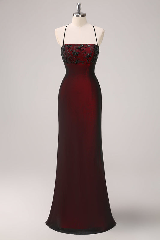 Vestido de Dama de Honor Sirena Negro y Rojo con Tirantes Finos y Cuentas