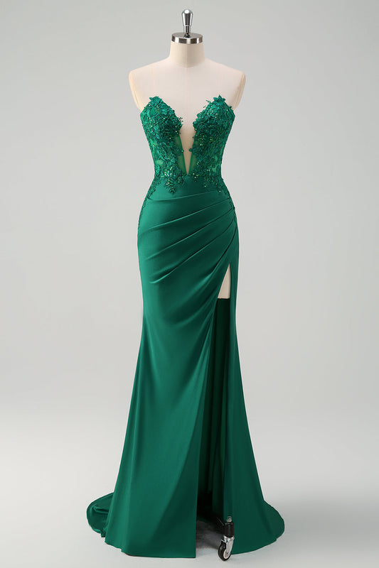 Sparkly Green Mermaid Strapless Corset Long Prom Dress with Slit