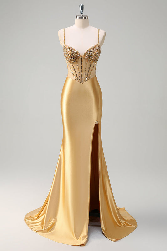 Robe longue de bal à corset doré scintillant de style sirène, avec fines bretelles et fente