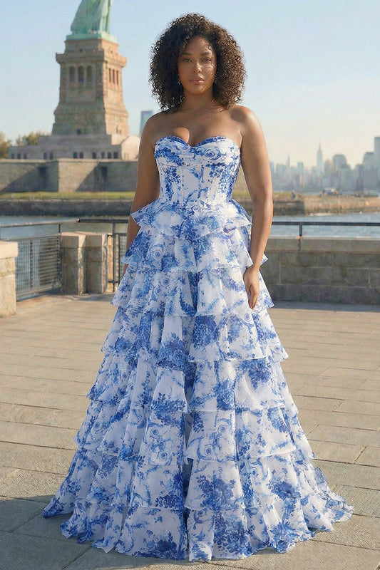 Blue White Flower A-Line Basque Waist Tiered Long Plus Size Prom Dress with Slit
