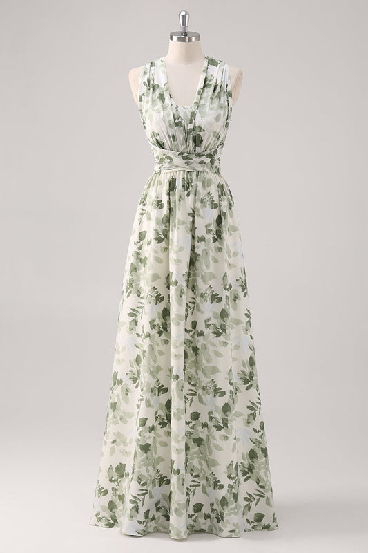 Green Flower A-Line V-Neck Print Ruched Convertible Design Long Bridesmaid Dress