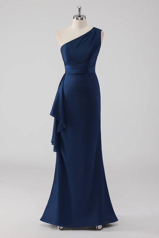 Navy Mermaid One-Shoulder Long Formal Dress with Ruffles