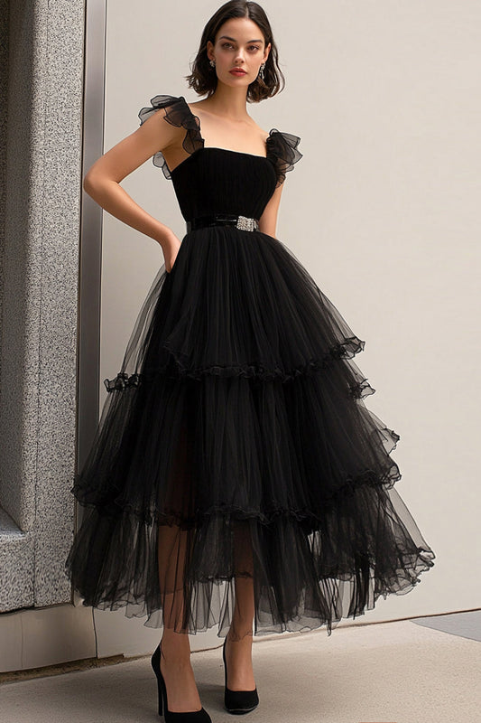 Black Tulle Spaghetti Straps A-Line Formal Dress