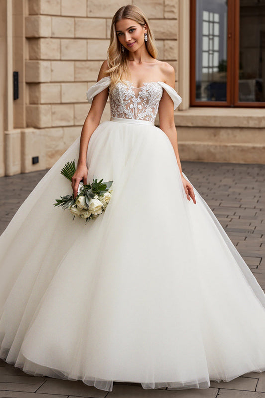 Robe de mariée longue blanche trapÚze en tulle avec applications, épaules dénudées