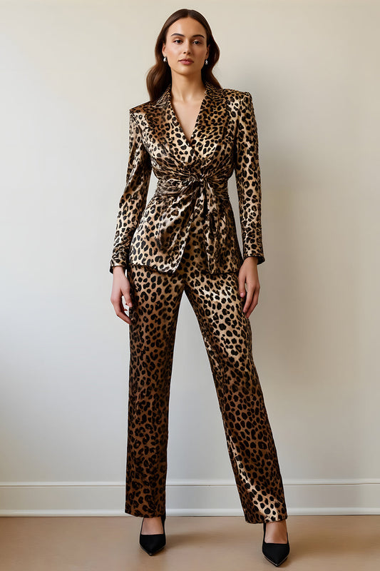 Costumes de bal pour femmes en 2 pièces à revers châle léopard noir et or