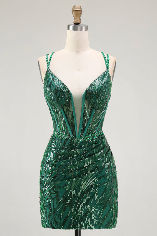 Sparkly Dark Green Bodycon Backless Short Corset Prom Dress with Sequins