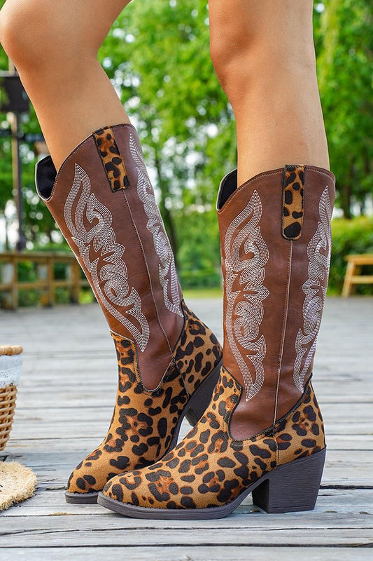Brown Leopard Chunky Heel Wide Calf Embroidered Cowgirl Boots