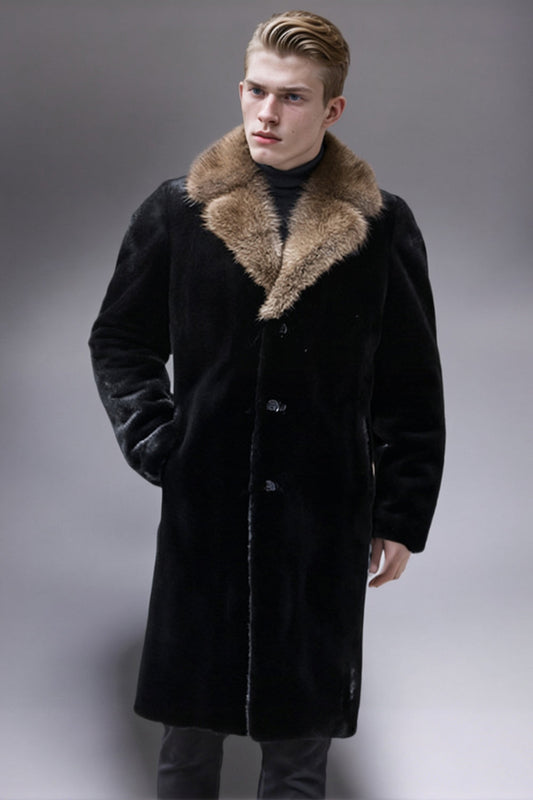 Manteau long d'hiver noir épais en fausse fourrure pour homme