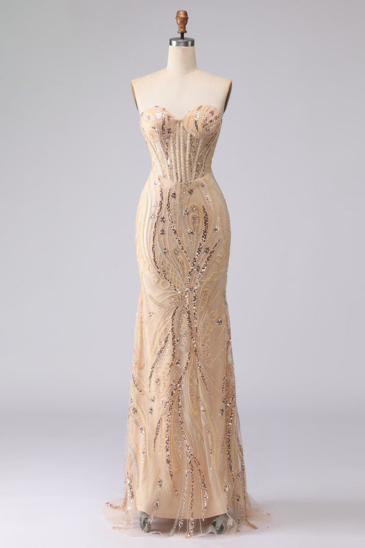 Robe de bal longue champagne sirÚne bustier ornée de perles et de sequins avec laçage au dos