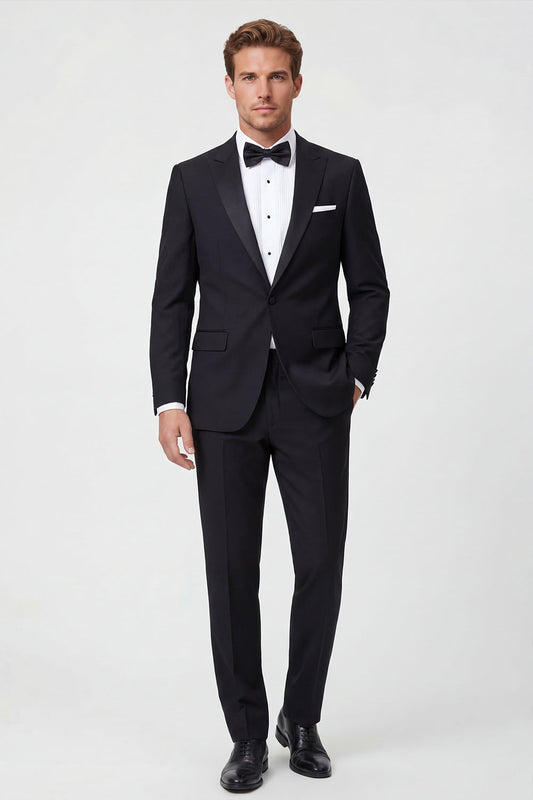 2 Piece Black One Button Peak Lapel Men's Prom Suits