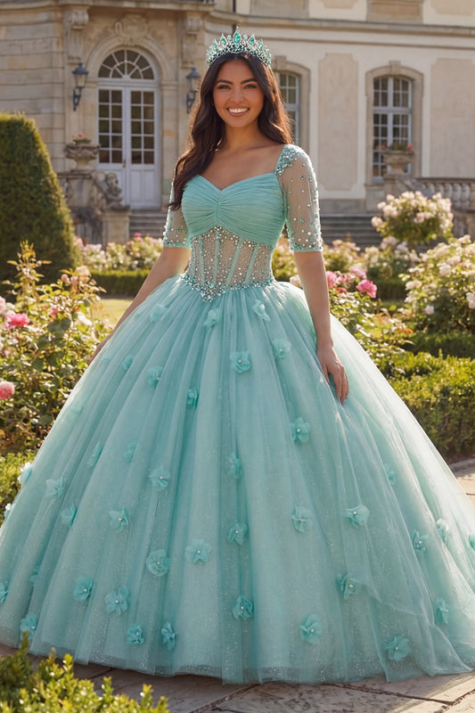 Vestido de Quinceañera con Corsé de Media Manga y Flores 3D, Color Verde Claro