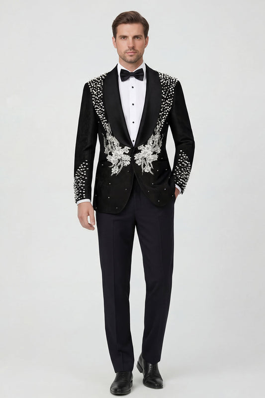 2 Piece Black Shawl Lapel One Button Beaded Men's Wedding Suits