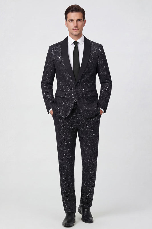 2 Piece Black One Button Shawl Lapel Glitter Men's Suits