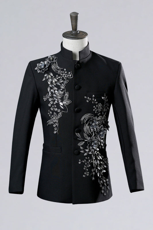 2 Piece Black Single Breasted Men's Prom Suits with Embroidery