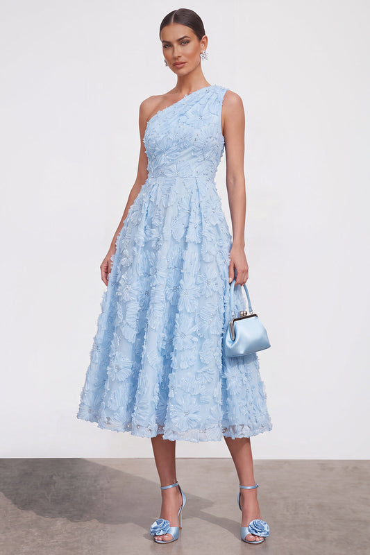 Blue A-Line One-Shoulder Floral Midi Dress with Beading