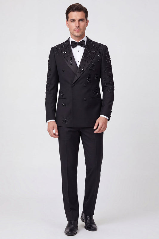 2 Piece Black Double Breasted Peak Lapel Men's Prom Suits with Beading