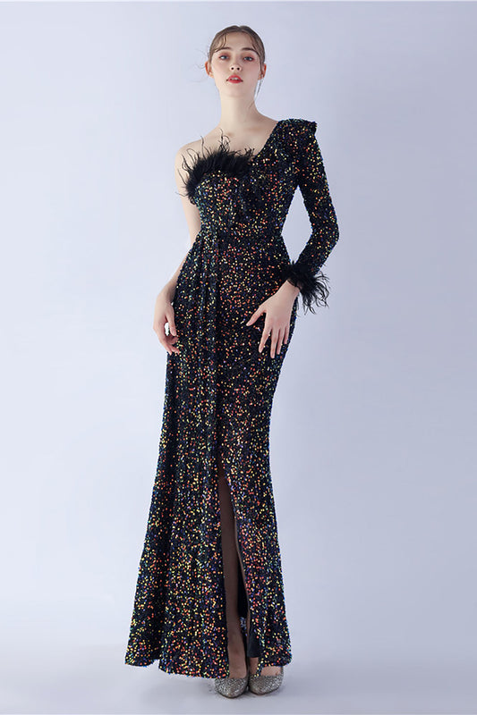 Mermaid One-Shoulder Sequin Formal Dress With Feathers