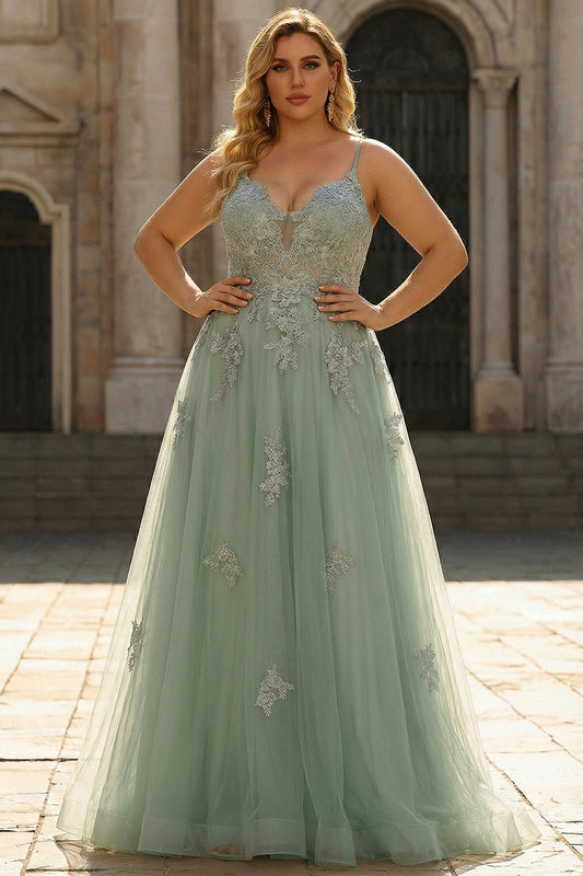 Green A Line Spaghetti Straps Long Plus Size Prom Dress with Criss Cross Back
