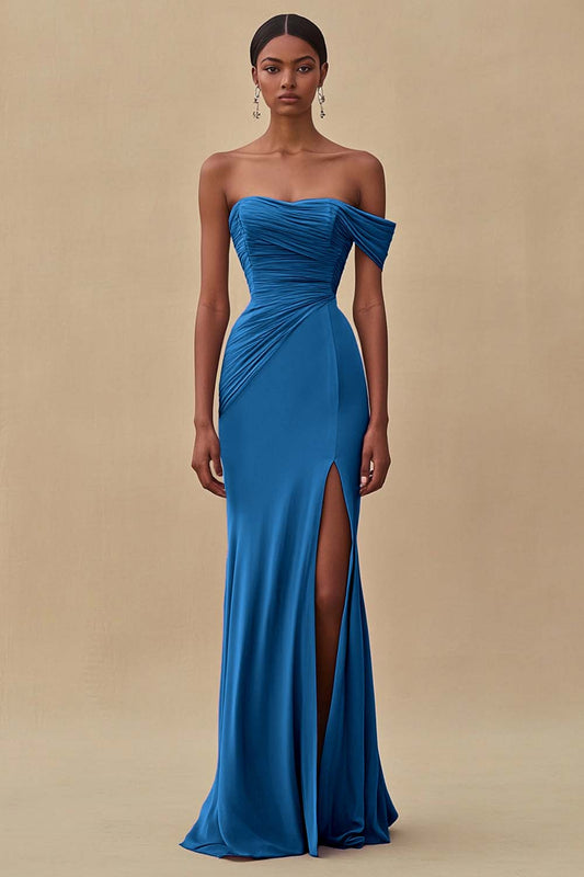 Off-Shoulder Ink Blue Mermaid Long Formal Dress with Slit