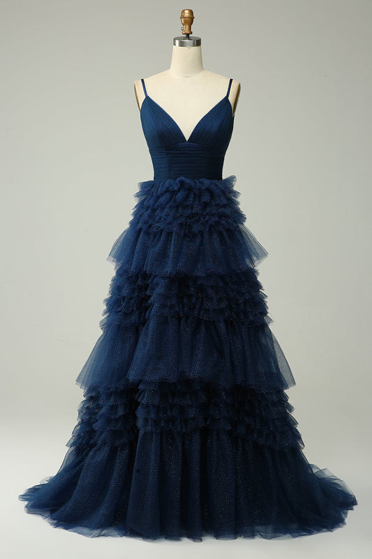 Vestido largo de fiesta azul marino con tirantes finos, corte A y volantes