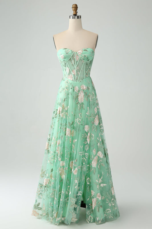 Robe de bal bustier fendue imprimĂ©e en forme de A verte avec dĂ©colletĂ© en cĆur