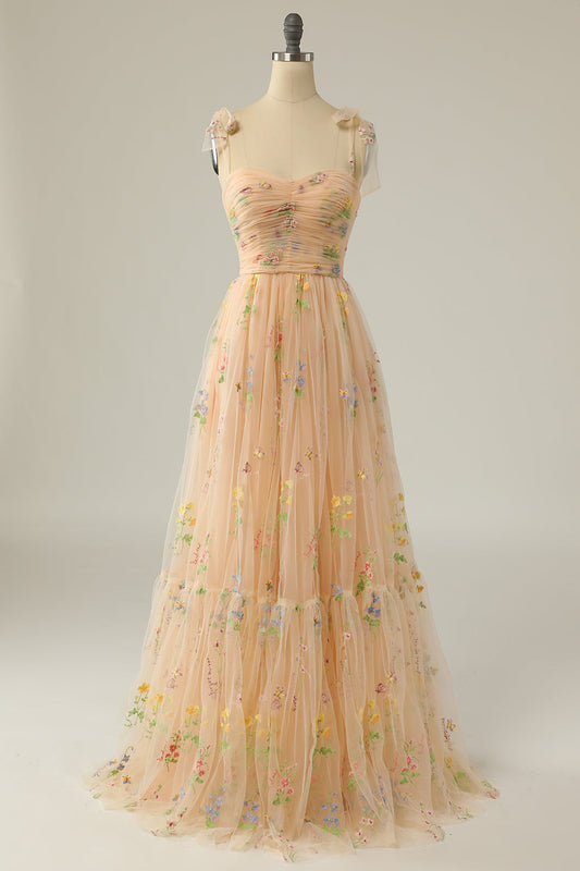 Long Champagne Graduation Dress with Embroidery