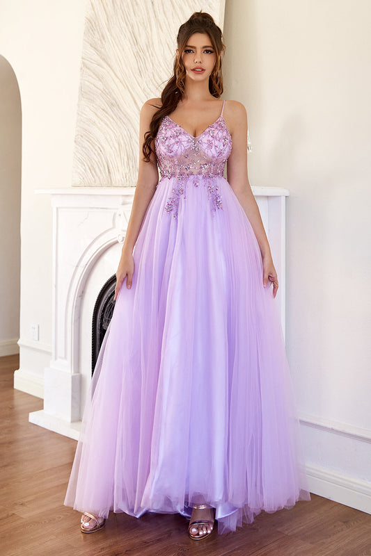 Purple Beaded Tulle Prom Dress