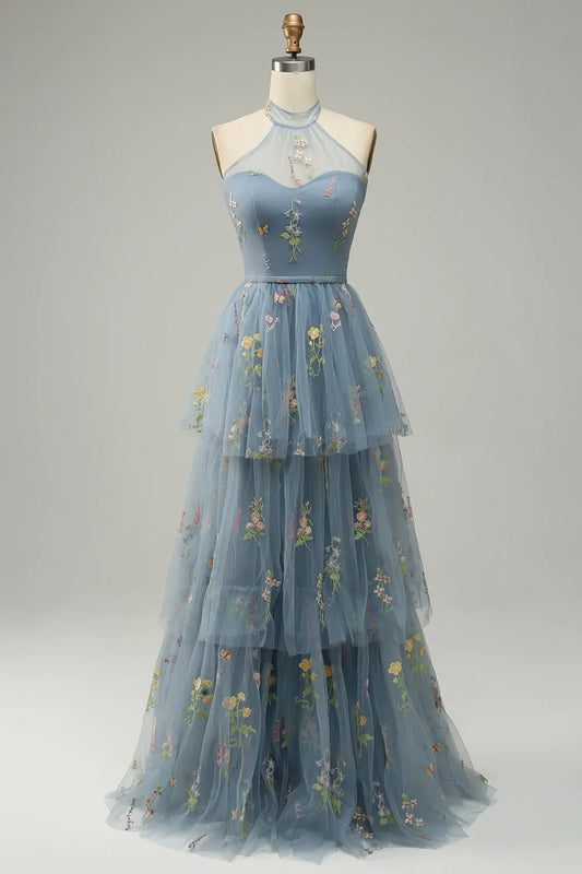 Halter A-Line Tulle Prom Dress with Embroidery