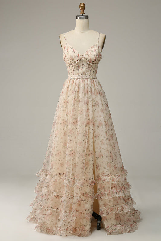 Apricot A-Line Print Prom Dress with Slit