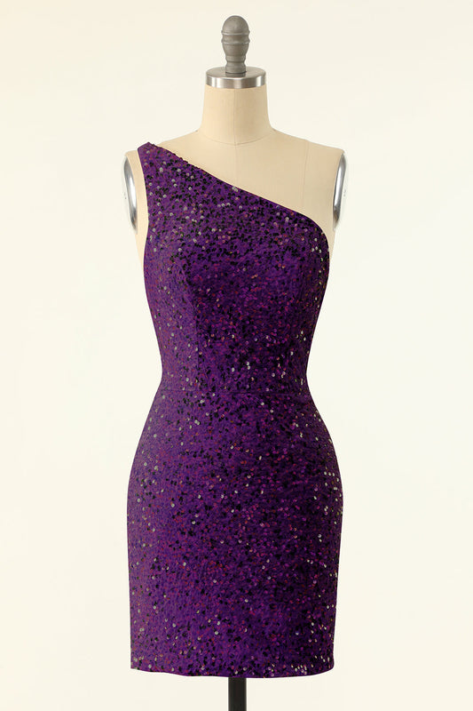 Purple One-Shoulder Sequin Graduation Dress