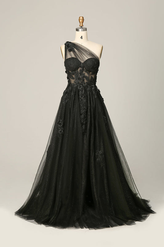 Black A-Line One-Shoulder Prom Dress with Appliques and Beading