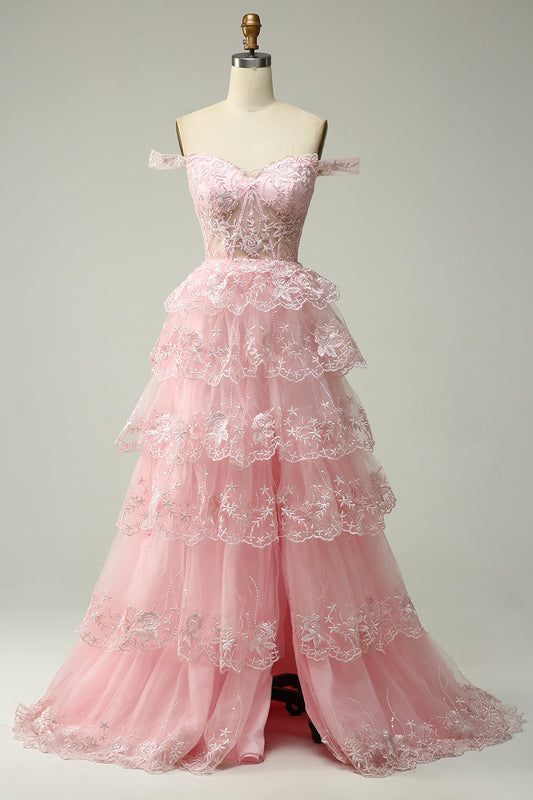 Vestido de Fiesta Largo Rosa con Hombros Descubiertos, Línea A, Princesa, con Aplicaciones